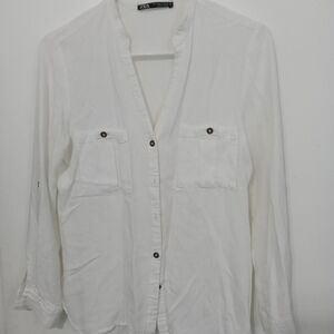 Zara Button Down High low blouse Roll tab Sleeves. Button Pockets
